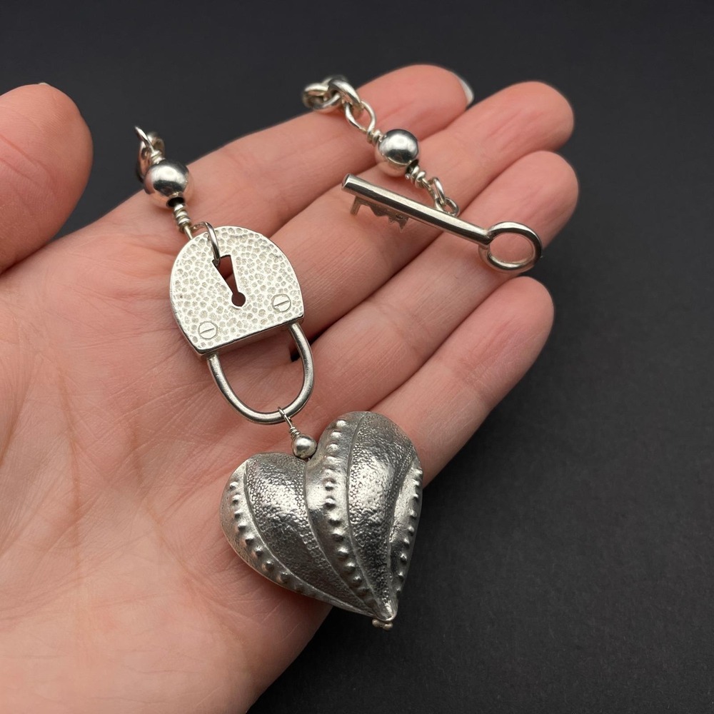 Chunky Sterling Silver Heart Lock Key Toggle Necklace Statement Jewelry - Picture 9 of 10